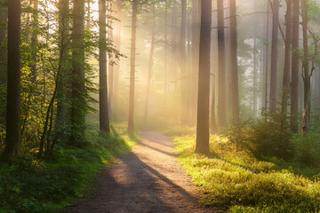 Obraz premium Forest path in the morning fog, soft light, peaceful atmosphere, photorealism.