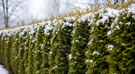 Snow-dusted arborvitae hedge, creating a serene winter garden border