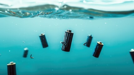Multiple batteries sinking underwater with bubbles, pollution and environmental contamination concept