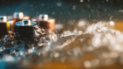 Closeup of batteries in splashing water with bokeh, shallow depth of field and pollution concept