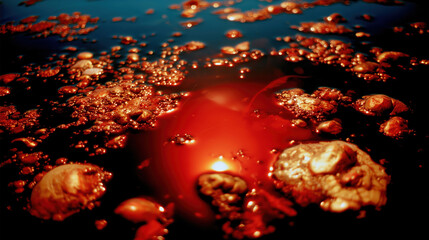 Toxic polluted water surface with glowing red chemical contamination and floating waste particles