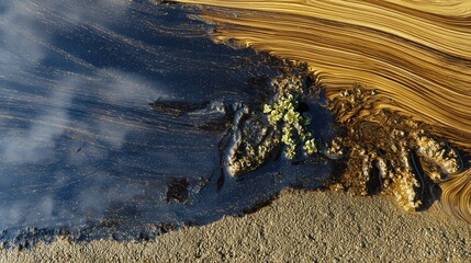 Oil spill contamination with golden slick patterns and small plants on polluted water surface
