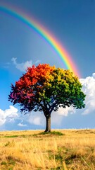 Colorful tree with rainbow, sunny sky