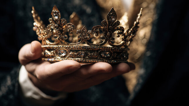 Golden crown held gently in hand with intricate details and sparkling jewels against a blurred background of opulent attire and rich fabrics adding elegance to the scene.