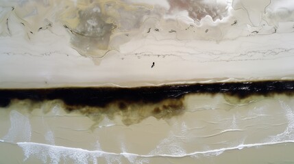 Aerial view of beach with black oil spill contamination spreading in ocean water waves