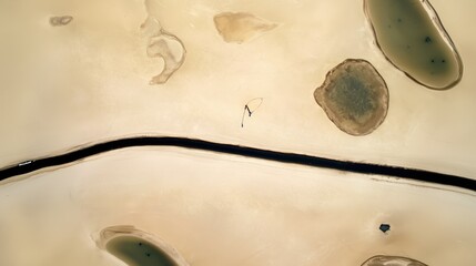 Drone aerial shot of desert-like landscape with dark water channel and small human figure