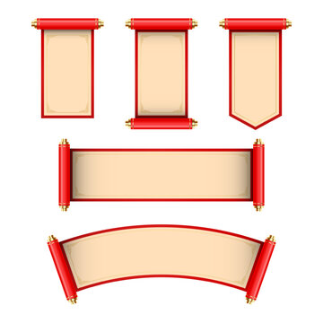 3D Chinese scroll set, banner kit, red vector festive royal asian game UI traditional design element. Luxury celebration China background, spring floral print, silk banner. vector illustration