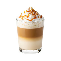 Indulgent caramel latte : layers of creamy milk rich espresso and sweet caramel drizzle topped with whipped cream Coffee perfection