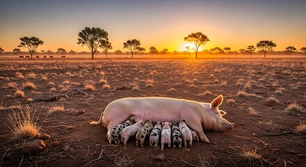 Sow nursing piglets in a rural landscape at sunrise, serene farm life