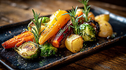 Roasted vegetables platter featuring vibrant carrots, brussels sprouts, and potatoes garnished with fresh herbs, beautifully arranged on a rustic black plate for a delightful culinary presentation © Oksana