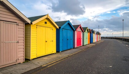 Naklejka premium Colorful beach huts line a coastal road