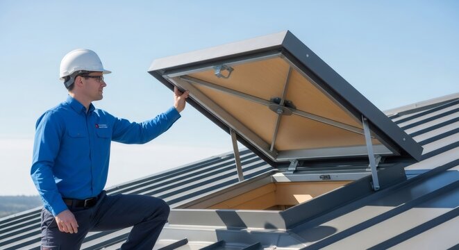 Man in hard hat opening roof access hatch on metal roof. Construction worker inspecting building or performing maintenance. Rooftop access for ventilation.