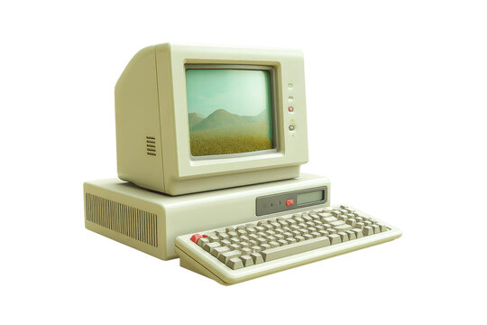 Retro beige vintage computer with crt monitor and keyboard, cut out