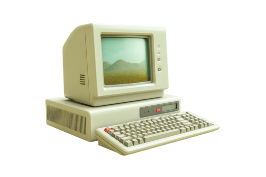 Retro beige vintage computer with crt monitor and keyboard, cut out