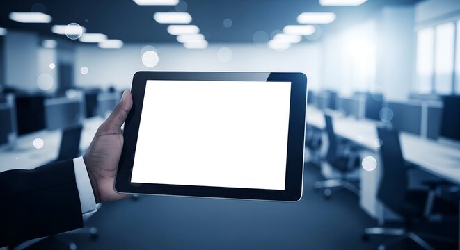 Hand holding a blank screen tablet computer in a modern office environment