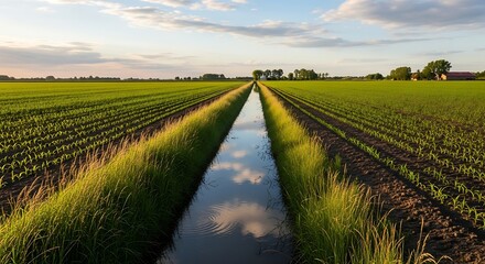Scenic Farmland Canal Reflection, Tranquil Agricultural Landscape, Rural View