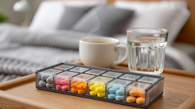 Colorful pill organizer medication daily dosage routine with pillbox tablet capsule vitamin bedside morning healthcare cup water glass bedroom weekly