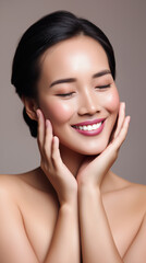 Smiling woman touching her face with closed eyes on neutral background.  
