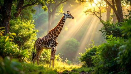 Giraffe in lush sunrise forest