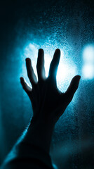 Silhouette of a man pressing hand against foggy glass.  
