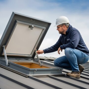 Man in hard hat inspecting a roof access hatch on metal roof. Contractor maintaining building for safety and home improvement.