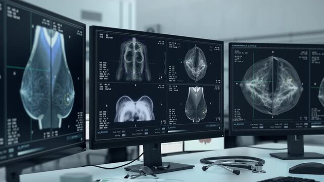 Hospital x-ray scanner inspecting the chest of the sick woman. Hospital x-ray scanner identifying the cancer cells in the patients breasts. Mammogram Hospital x-ray scanner examining the illness.