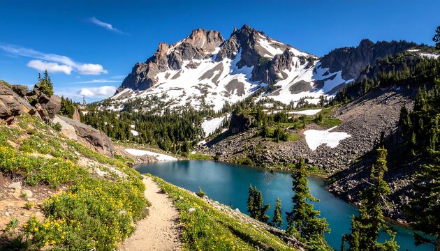 Mountain lake vista with wildflowers - Powered by Adobe