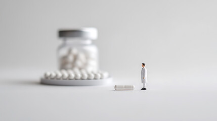 Doctor with pills; a capsule in the foreground, a jar and a blister pack of pills in the background. Conceptual medicine or wellness shot.
