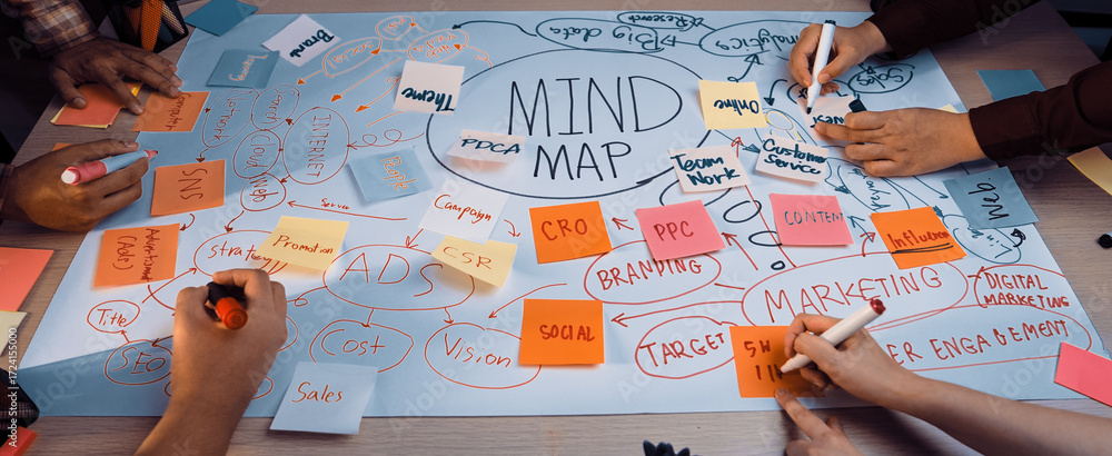 Aufkleber a group of diverse individuals engages in a dynamic brainstorming session, using colorful sticky not