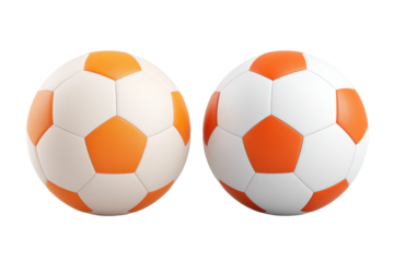 Two soccer balls with orange and white hexagon pattern on white background, cut out
