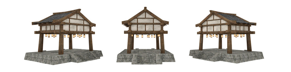 Asian pergoda style building with stone base and steps. Set of three isolated 3D rendered illustrations.