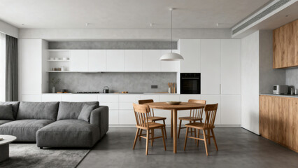 Fototapeta premium Modern Minimalist Gray Sofa Living Room with Wooden Table