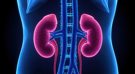 Anatomical illustration of human kidneys with blood vessels and spinal column