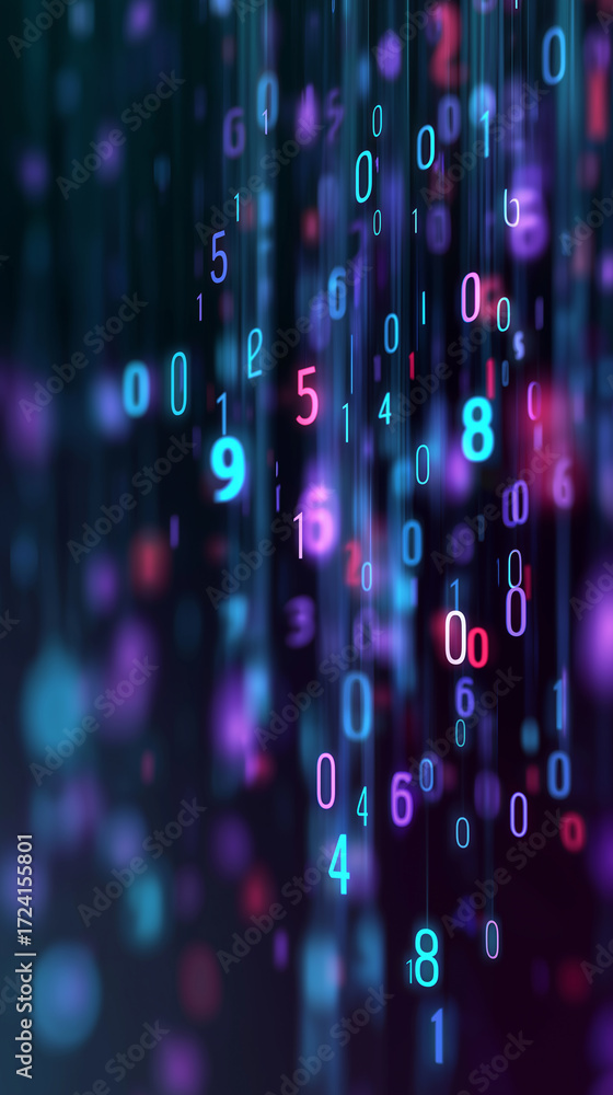 Poster abstract background of glowing binary code in purple and blue.