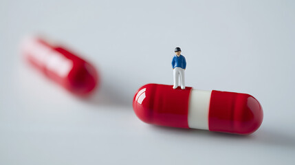 Miniature figure standing atop a large pill capsule, emphasizing the importance of medication and healthcare. Another capsule is blurred in the background.