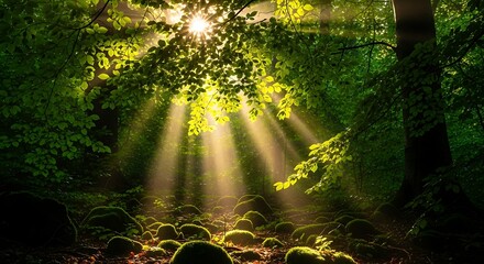 Sunlight filtering through green canopy in a serene enchanted woodland