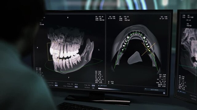 Stomatology software interface deals with teeth diagnostic process. Medical diagnostic system interface inspecting the damaged teeth. Diagnostic technology interface examining the patients teeth.