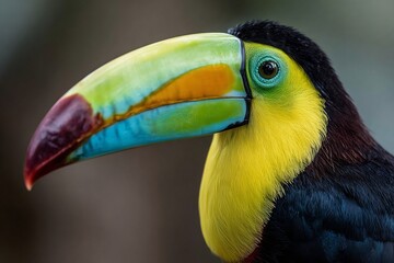 Naklejka premium Realistic close up of toucan with large colorful beak black feathers and sharp eye captured in lifelike clarity