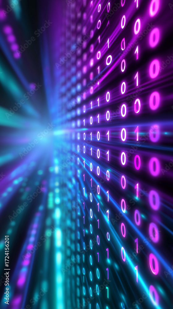 Poster abstract background of glowing binary code in purple and blue.