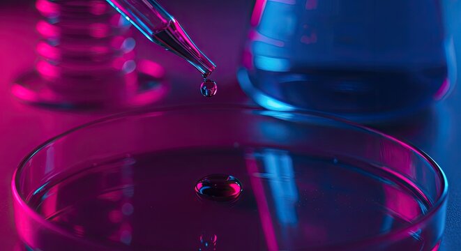 Close up of a pipette dropping liquid into a petri dish with colorful lighting