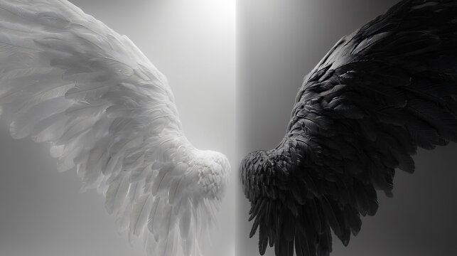 A contrasting pair of angel and demon wings on split background