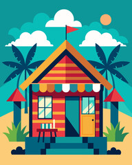Fototapeta premium A brightly colored beachfront hut adorned with local art and decor creating an inspiring atmosphere for creativity and productivity.. Vector illustration
