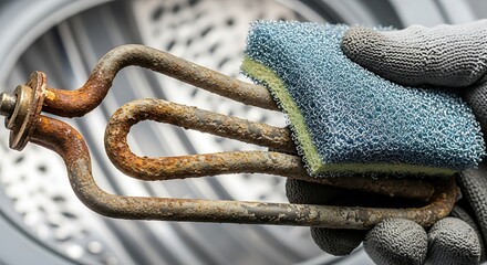 Washing machine heating element cleaning process with protective gloves