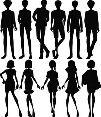 Set of male and female fashion silhouettes in various poses and outfits, black vector icons for style, design, and modeling