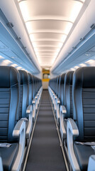 Fototapeta premium Empty airplane cabin with rows of colorful seats and bright lighting. 