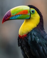 Naklejka premium Realistic close up of toucan with colorful beak and feather details vibrant lifelike bird portrait