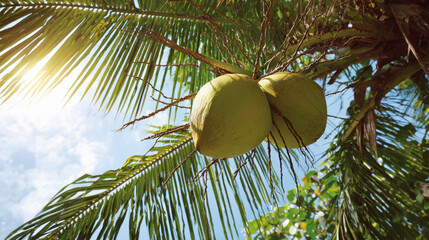 Coconut palm tree with ripe coconuts hanging among green leaves under a bright blue sky with sunlight filtering through the foliage creating a tropical atmosphere.