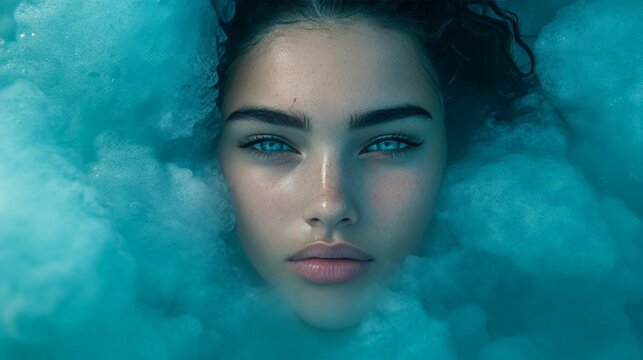 A Dreamy Girl s Portrait in Aqua Hues, Capturing the Essence of Youthful Expression and Emotions