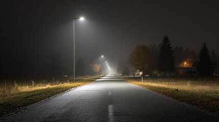 Solar powered LED street lights illuminate a rural road at night, casting a warm glow on the asphalt and surrounding landscape, enhancing safety and visibility for travelers © Oksana