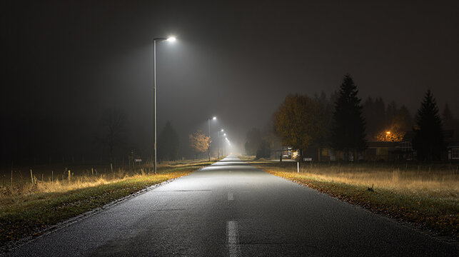 Solar powered LED street lights illuminate a rural road at night, casting a warm glow on the asphalt and surrounding landscape, enhancing safety and visibility for travelers